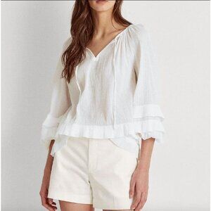 Lauren Ralph Lauren Womens Large White Peasant Top Cotton Gauzy Boho Blouse